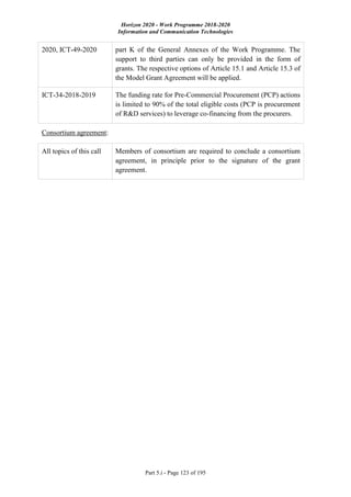 Horizon 2020 - Work Programme 2018-2020
Information and Communication Technologies
Part 5.i - Page 123 of 195
2020, ICT-49-2020 part K of the General Annexes of the Work Programme. The
support to third parties can only be provided in the form of
grants. The respective options of Article 15.1 and Article 15.3 of
the Model Grant Agreement will be applied.
ICT-34-2018-2019 The funding rate for Pre-Commercial Procurement (PCP) actions
is limited to 90% of the total eligible costs (PCP is procurement
of R&D services) to leverage co-financing from the procurers.
Consortium agreement:
All topics of this call Members of consortium are required to conclude a consortium
agreement, in principle prior to the signature of the grant
agreement.
 