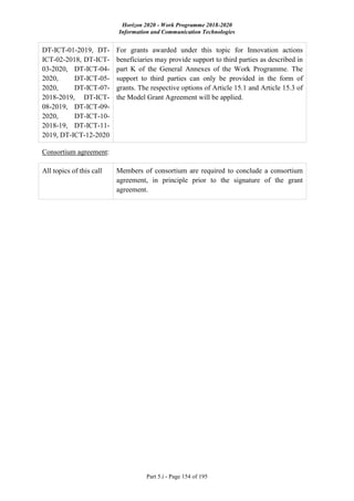 Horizon 2020 - Work Programme 2018-2020
Information and Communication Technologies
Part 5.i - Page 154 of 195
DT-ICT-01-2019, DT-
ICT-02-2018, DT-ICT-
03-2020, DT-ICT-04-
2020, DT-ICT-05-
2020, DT-ICT-07-
2018-2019, DT-ICT-
08-2019, DT-ICT-09-
2020, DT-ICT-10-
2018-19, DT-ICT-11-
2019, DT-ICT-12-2020
For grants awarded under this topic for Innovation actions
beneficiaries may provide support to third parties as described in
part K of the General Annexes of the Work Programme. The
support to third parties can only be provided in the form of
grants. The respective options of Article 15.1 and Article 15.3 of
the Model Grant Agreement will be applied.
Consortium agreement:
All topics of this call Members of consortium are required to conclude a consortium
agreement, in principle prior to the signature of the grant
agreement.
 