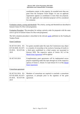 Horizon 2020 - Work Programme 2018-2020
Information and Communication Technologies
Part 5.i - Page 167 of 195
coordinators cannot, in this capacity, be awarded more than one
grant from the European Union budget. In case an applicant
organisation appears as coordinator in more than one proposal,
only this applicant's last submitted proposal will be considered
for evaluation
Evaluation criteria, scoring and threshold: The criteria, scoring and threshold are described in
General Annex H of the work programme.
Evaluation Procedure: The procedure for setting a priority order for proposals with the same
score is given in General Annex H of the work programme.
The full evaluation procedure is described in the relevant guide published on the Funding &
Tenders Portal.
Grant Conditions:
SU-ICT-01-2018, SU-
ICT-02-2020, SU-ICT-
03-2018, SU-ICT-04-
2019
For grants awarded under this topic the Commission may object
to a transfer of ownership or the exclusive licensing of results to
a third party established in a third country not associated to
Horizon 2020. The respective option of Article 30.3 of the
Model Grant Agreement will be applied.
SU-ICT-03-2018 Complementary grant agreements will be implemented across
projects originating under this topic through use of the respective
options of Article 2, Article 31.6 and Article 41.4 2 of the Model
Grant Agreement.
Consortium agreement:
SU-ICT-01-2018, SU-
ICT-02-2020, SU-ICT-
03-2018, SU-ICT-04-
2019
Members of consortium are required to conclude a consortium
agreement, in principle prior to the signature of the grant
agreement.
 