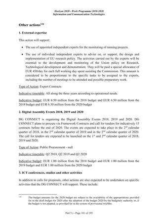 Horizon 2020 - Work Programme 2018-2020
Information and Communication Technologies
Part 5.i - Page 181 of 195
Other actions134
1. External expertise
This action will support:
 The use of appointed independent experts for the monitoring of running projects.
 The use of individual independent experts to advise on, or support, the design and
implementation of EU research policy. The activities carried out by the experts will be
essential to the development and monitoring of the Union policy on Research,
Technological development and demonstration. They will be paid a special allowance of
EUR 450/day for each full working day spent assisting the Commission. This amount is
considered to be proportionate to the specific tasks to be assigned to the experts,
including the number of meetings to be attended and possible preparatory work.
Type of Action: Expert Contracts
Indicative timetable: All along the three years according to operational needs.
Indicative budget: EUR 6.50 million from the 2018 budget and EUR 6.50 million from the
2019 budget and EUR 6.50 million from the 2020 budget
2. Digital Assembly Events 2018, 2019 and 2020
DG CONNECT is organising the Digital Assembly Events 2018, 2019 and 2020. DG
CONNECT plans to procure via Framework Contracts and call for tenders for indicatively 15
contracts before the end of 2020. The events are expected to take place in the 2rd
calendar
quarter of 2018, in the 2nd
calendar quarter of 2019 and in the 2nd
calendar quarter of 2020.
The call for tenders are expected to be launched on the 1st
and 2nd
calendar quarter of 2018,
2019 and 2020.
Type of Action: Public Procurement - null
Indicative timetable: Q2 2018, Q2 2019 and Q2 2020
Indicative budget: EUR 1.00 million from the 2018 budget and EUR 1.00 million from the
2019 budget and EUR 1.00 million from the 2020 budget
3. ICT conferences, studies and other activities
In addition to calls for proposals, other actions are also expected to be undertaken on specific
activities that the DG CONNECT will support. These include:
134
The budget amounts for the 2020 budget are subject to the availability of the appropriations provided
for in the draft budget for 2020 after the adoption of the budget 2020 by the budgetary authority or, if
the budget is not adopted, as provided for in the system of provisional twelfths.
 