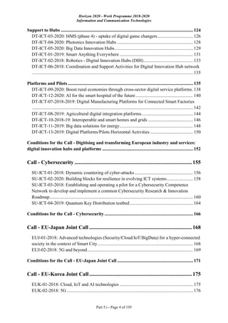 Horizon 2020 - Work Programme 2018-2020
Information and Communication Technologies
Part 5.i - Page 4 of 195
Support to Hubs ................................................................................................................... 124
DT-ICT-03-2020: I4MS (phase 4) - uptake of digital game changers............................... 126
DT-ICT-04-2020: Photonics Innovation Hubs .................................................................. 128
DT-ICT-05-2020: Big Data Innovation Hubs.................................................................... 129
DT-ICT-01-2019: Smart Anything Everywhere................................................................ 131
DT-ICT-02-2018: Robotics - Digital Innovation Hubs (DIH)........................................... 133
DT-ICT-06-2018: Coordination and Support Activities for Digital Innovation Hub network
............................................................................................................................................ 135
Platforms and Pilots............................................................................................................. 135
DT-ICT-09-2020: Boost rural economies through cross-sector digital service platforms. 138
DT-ICT-12-2020: AI for the smart hospital of the future.................................................. 140
DT-ICT-07-2018-2019: Digital Manufacturing Platforms for Connected Smart Factories
............................................................................................................................................ 142
DT-ICT-08-2019: Agricultural digital integration platforms............................................. 144
DT-ICT-10-2018-19: Interoperable and smart homes and grids ....................................... 146
DT-ICT-11-2019: Big data solutions for energy................................................................ 148
DT-ICT-13-2019: Digital Platforms/Pilots Horizontal Activities ..................................... 150
Conditions for the Call - Digitising and transforming European industry and services:
digital innovation hubs and platforms ............................................................................... 152
Call - Cybersecurity ........................................................................................155
SU-ICT-01-2018: Dynamic countering of cyber-attacks................................................... 156
SU-ICT-02-2020: Building blocks for resilience in evolving ICT systems....................... 158
SU-ICT-03-2018: Establishing and operating a pilot for a Cybersecurity Competence
Network to develop and implement a common Cybersecurity Research & Innovation
Roadmap............................................................................................................................. 160
SU-ICT-04-2019: Quantum Key Distribution testbed....................................................... 164
Conditions for the Call - Cybersecurity ............................................................................. 166
Call - EU-Japan Joint Call .............................................................................168
EUJ-01-2018: Advanced technologies (Security/Cloud/IoT/BigData) for a hyper-connected
society in the context of Smart City................................................................................... 168
EUJ-02-2018: 5G and beyond............................................................................................ 169
Conditions for the Call - EU-Japan Joint Call .................................................................. 171
Call - EU-Korea Joint Call .............................................................................175
EUK-01-2018: Cloud, IoT and AI technologies ................................................................ 175
EUK-02-2018: 5G.............................................................................................................. 176
 