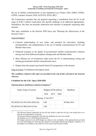 Horizon 2020 - Work Programme 2018-2020
Leadership in Enabling and Industrial Technologies - Space
Part 5.iii - Page 82 of 123
the use of satellite communications or user equipment (e.g. Frontex, GSA, EMSA, ENISA,
CEPOL, Europol, Eurojust, EDA, SATCEN, EEAS, JRC).
The Commission considers that one proposal requesting a contribution from the EU in the
range of EUR 3 million would allow this specific challenge to be addressed appropriately.
Nonetheless, this does not preclude submission and selection of proposals requesting other
amounts.
This topic contributes to the Horizon 2020 focus area "Boosting the effectiveness of the
Security Union ".
Expected Impact:
 Common understanding of user needs, and potential for innovation, including
interoperability, and standardisation in the use of satellite communications by EU and
Member State users.
 Enhanced synergies in the uptake of governmental satellite communication solutions
among users from different disciplines, backgrounds and Member States.
 More efficient use of investments made across the EU in demonstrating, testing and
training governmental satellite communication users.
 Outputs from this project may benefit future EU programmes in this domain.
Type of Action: Coordination and support action
The conditions related to this topic are provided at the end of this call and in the General
Annexes.
Conditions for the Call - Space 2018-2020
Opening date(s), deadline(s), indicative budget(s):27
Topics (Type of Action) Budgets (EUR million) Deadlines
2018 2019 2020
Opening: 31 Oct 2017
DT-SPACE-01-EO-2018-2020 (IA) 9.00 06 Mar 2018
DT-SPACE-07-BIZ-2018 (CSA) 2.00
27
The Director-General responsible for the call may decide to open the call up to one month prior to or
after the envisaged date(s) of opening.
The Director-General responsible may delay the deadline(s) by up to two months.
All deadlines are at 17.00.00 Brussels local time.
The budget amounts for the 2020 budget are subject to the availability of the appropriations provided
for in the draft budget for 2020 after the adoption of the budget 2020 by the budgetary authority or, if
the budget is not adopted, as provided for in the system of provisional twelfths.
 