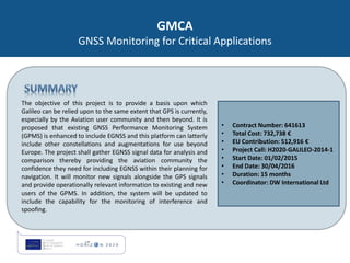 GMCA
GNSS Monitoring for Critical Applications
• Contract Number: 641613
• Total Cost: 732,738 €
• EU Contribution: 512,91...