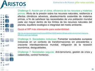 Challenge 5. Acción por el clima, eficiencia de los recursos y materias
primas: Alivio de la presión sobre los recursos naturales, resiliencia a
efectos climáticos adversos, abastecimiento sostenible de materias
primas, a fin de satisfacer las necesidades de una población mundial
cada vez mayor dentro de los límites de los recursos naturales del
planeta, equilibrio ecológico e integridad del medio ambiente.
Quizá el WP más interesante para sostenibilidad:
http://ec.europa.eu/programmes/horizon2020/en/h2020-section/climate-action-environment-resource-
efficiency-and-raw-materials
Challenge 6. Sociedades inclusivas: Fomentar sociedades europeas
inclusivas en un contexto de transformaciones sin precedentes y
creciente interdependencia mundial, mitigación de la recesión
económica, desigualdades.
Challenge 7: Sociedades seguras: Anti-terrorismo, gestión de crisis y
catástrofes, control fronterizo.
Estructura de H2020: pilar retos sociales
19
 