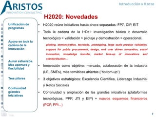 H2020: Novedades
• H2020 reúne iniciativas hasta ahora separadas: FP7, CIP, EIT
• Toda la cadena de la I+D+i: investigación básica > desarrollo
tecnológico > validación > pilotaje y demostración > operacional.
piloting, demonstration, test-beds, prototyping, large scale product validation,
support for public procurement, design, end user driven innovation, social
innovation, knowledge transfer, market take-up of innovations and
standardisation…
• Innovación como objetivo: mercado, colaboración de la industria
(LE, SMEs), más temáticas abiertas (“bottom-up“)
• 3 objetivos estratégicos: Excelencia Científica, Liderazgo Industrial
y Retos Sociales
• Continuidad y ampliación de las grandes iniciativas (plataformas
tecnológicas, PPP, JTI y EIP) + nuevos esquemas financieros
(PCP, PPI...)
Unificación de
programas
Aunar esfuerzos.
Más apertura y
flexibilidad
Continuidad
grandes
iniciativas
Apoyo en toda la
cadena de la
innovación
Tres pilares
Introducción a H2020
7
 