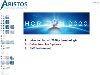 ÍNDICE
1. Introducción a H2020 y terminología
2. Estructura: los 3 pilares
3. SME instrument
Indice
 