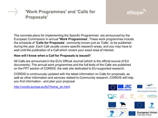 'Work Programmes' and 'Calls for
Proposals'
The concrete plans for implementing the Specific Programmes are announced by the
European Commission in annual 'Work Programmes'. These work programmes include
the schedule of 'Calls for Proposals', commonly known just as 'Calls', to be published
during the year. Each Call usually covers specific research areas, and you may have to
wait until the publication of a Call which covers your exact area of interest.
How will I know when a Call for Proposals is issued?
All Calls are announced in the EU's Official Journal (which is the official source of EU
documents). The annual work programmes and the full texts of the Calls are published
on the FP7 section of CORDIS, the web site dedicated to EU-supported research.
CORDIS is continuously updated with the latest information on Calls for proposals, as
well as other information and services related to Community research. CORDIS will help
you find information - and plan your proposal.
http://cordis.europa.eu/fp7/home_en.html
 