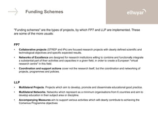Funding Schemes
"Funding schemes" are the types of projects, by which FP7 and LLP are implemented. These
are some of the more usuals:
FP7
• Collaborative projects (STREP and IPs) are focused research projects with clearly defined scientific and
technological objectives and specific expected results.
• Networks of Excellence are designed for research institutions willing to combine and functionally integrate
a substantial part of their activities and capacities in a given field, in order to create a European "virtual
research centre" in this field.
• Coordination and support actions cover not the research itself, but the coordination and networking of
projects, programmes and policies.
LLP
• Multilateral Projects. Projects which aim to develop, promote and disseminate educational good practice.
• Multilateral Networks. Networks which represent as a minimum organisations from 6 countries and aim to
develop education in their subject area or discipline.
• Accompanying Measures aim to support various activities which will clearly contribute to achieving the
Comenius Programme objectives
 