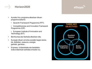 Horizon2020
• Aurreko hiru programa elkartzen dituen
programa bakarra:
• Seventh Framework Programme (FP7)
• Competitiveness and Innovation Framework
Programme (CIP)
• European Institute of Innovation and
Technology (EIT)
• Berrikuntza eta Ikerketa elkartzen ditu
• Europak dituen erronka sozialei begira landu
da. Adibidez, osasuna, energia
garbiak, garraioa…
• Enpresa, Unibertsitate eta bestelako
erakundeentzat sarbidea errazten du.
 