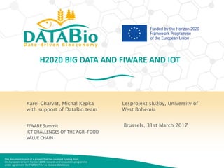 This document is part of a project that has received funding from
the European Union’s Horizon 2020 research and innovation programme
under agreement No 732064. Find us at www.databio.eu
H2020 BIG DATA AND FIWARE AND IOT
Karel Charvat, Michal Kepka
with support of DataBio team
FIWARE Summit
ICT CHALLENGES OF THE AGRI-FOOD
VALUE CHAIN
Lesprojekt služby, University of
West Bohemia
Brussels, 31st March 2017
 