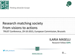 1
CEPS_thinktank
Thinking ahead for Europe
Research matching society
From visions to actions
TRUST Conference, 29-10-2015, European Commission, Brussels
www.ceps.eu
ILARIA MASELLI
Research Fellow CEPS
 
