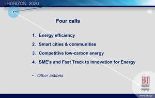 1. Energy efficiency
2. Smart cities & communities
3. Competitive low-carbon energy
4. SME's and Fast Track to Innovation for Energy
• Other actions
Four calls
 