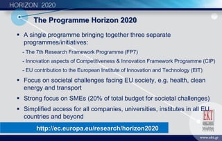 Τhe Programme Horizon 2020
 A single programme bringing together three separate
programmes/initiatives:
- The 7th Research Framework Programme (FP7)
- Innovation aspects of Competitiveness & Innovation Framework Programme (CIP)
- EU contribution to the European Institute of Innovation and Technology (EIT)
 Focus on societal challenges facing EU society, e.g. health, clean
energy and transport
 Strong focus on SMEs (20% of total budget for societal challenges)
 Simplified access for all companies, universities, institutes in all EU
countries and beyond
http://ec.europa.eu/research/horizon2020
 