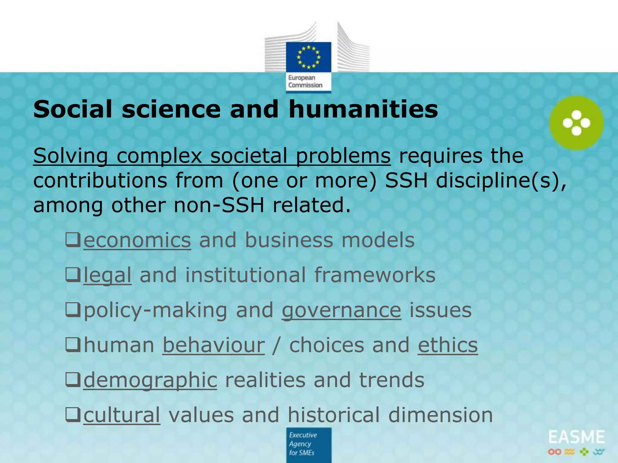 Using stakeholder knowledge
Co-design&Co-creation
Responsible Research and Innovation
Societal actors work together to align research and
results with the values, needs and expectations of society.
Public engagement
Iterative/participatory multi-actor dialogues to co-create
research and innovation outcomes and policy agendas.
Trans-disciplinarity
Methodologies that integrate scientific disciplines, and
non-academic and non-formalized knowledge.
 