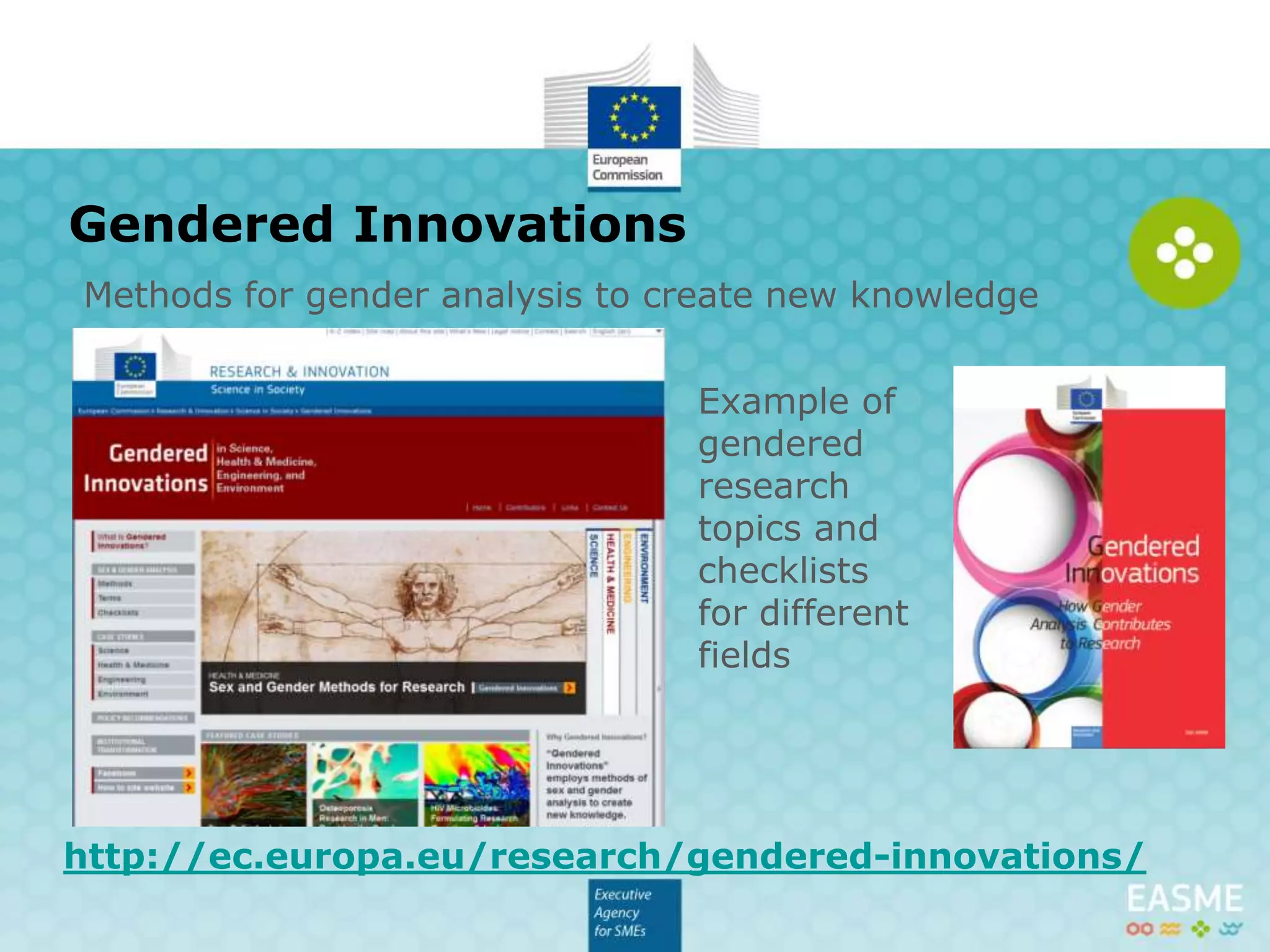 Gendered Innovations
Example of
gendered
research
topics and
checklists
for different
fields
http://ec.europa.eu/research/gendered-innovations/
Methods for gender analysis to create new knowledge
 