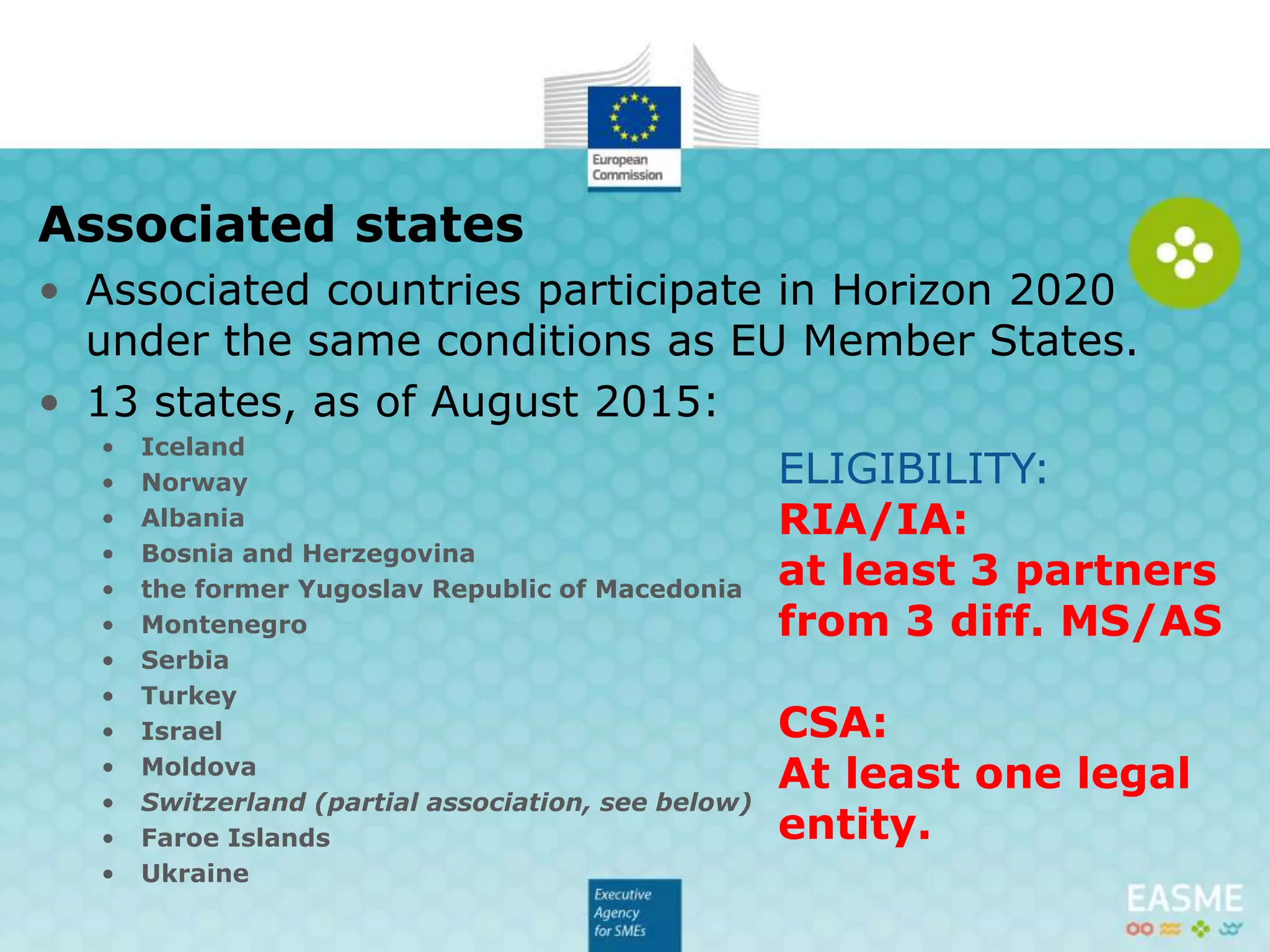 • Associated countries participate in Horizon 2020
under the same conditions as EU Member States.
• 13 states, as of August 2015:
• Iceland
• Norway
• Albania
• Bosnia and Herzegovina
• the former Yugoslav Republic of Macedonia
• Montenegro
• Serbia
• Turkey
• Israel
• Moldova
• Switzerland (partial association, see below)
• Faroe Islands
• Ukraine
Associated states
ELIGIBILITY:
RIA/IA:
at least 3 partners
from 3 diff. MS/AS
CSA:
At least one legal
entity.
 