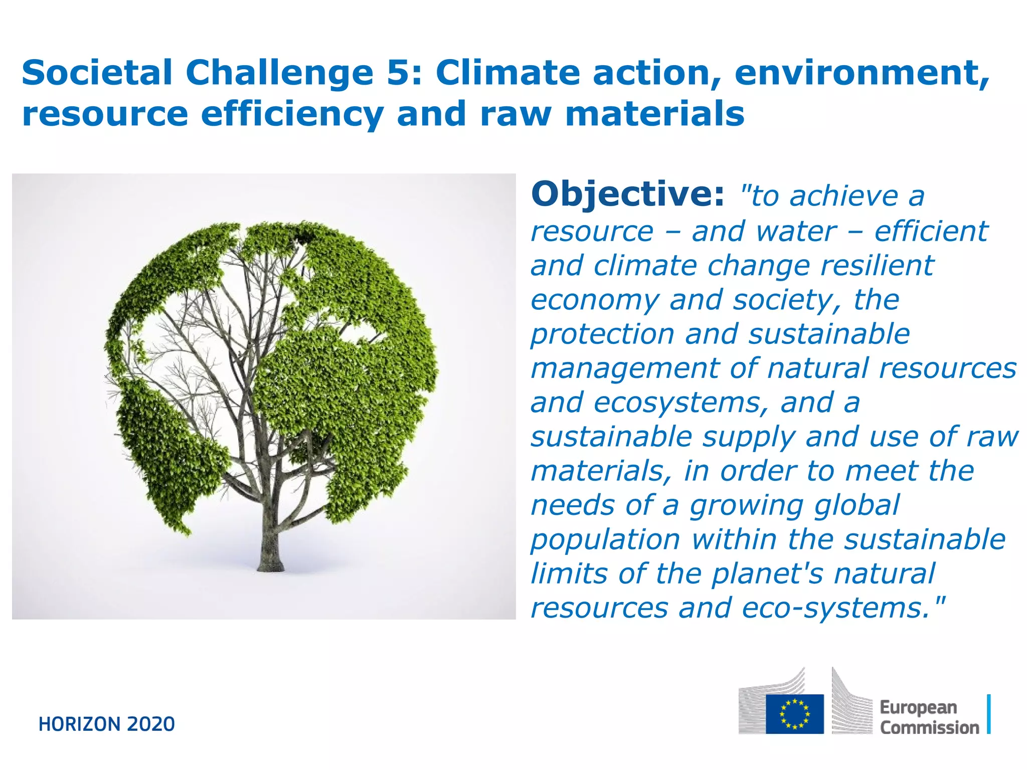 Societal Challenge 5: Climate action, environment,
resource efficiency and raw materials
Objective: "to achieve a
resource – and water – efficient
and climate change resilient
economy and society, the
protection and sustainable
management of natural resources
and ecosystems, and a
sustainable supply and use of raw
materials, in order to meet the
needs of a growing global
population within the sustainable
limits of the planet's natural
resources and eco-systems."
 