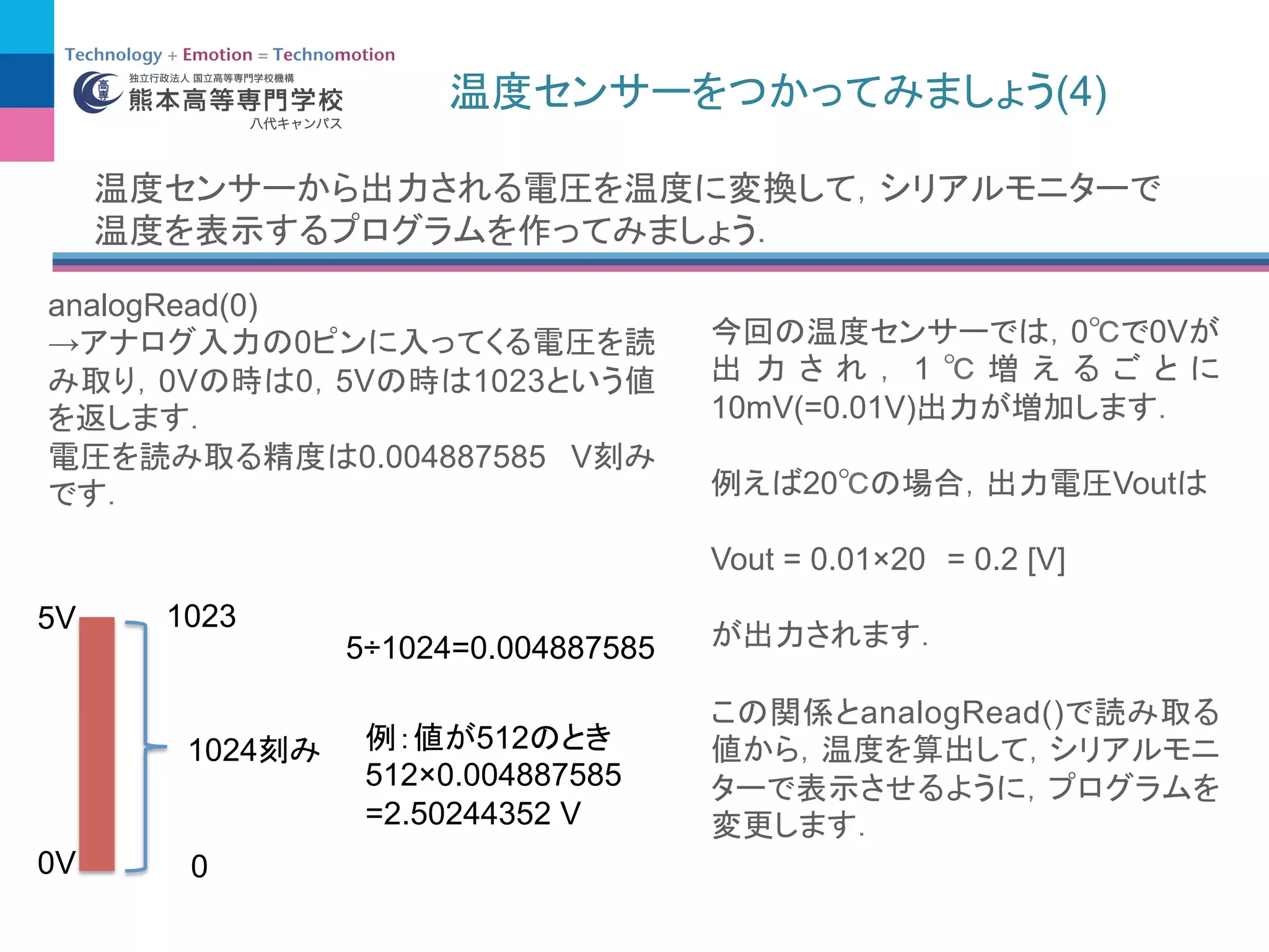 (4)
analogRead(0)
→ 0
0V 0 5V 1023
0.004887585 V
0V
5V
0
1023
1024
5÷1024=0.004887585
512
512×0.004887585
=2.50244352 V
0 0V
1
10mV(=0.01V)
20 Vout
Vout = 0.01×20 = 0.2 [V]
analogRead()
 