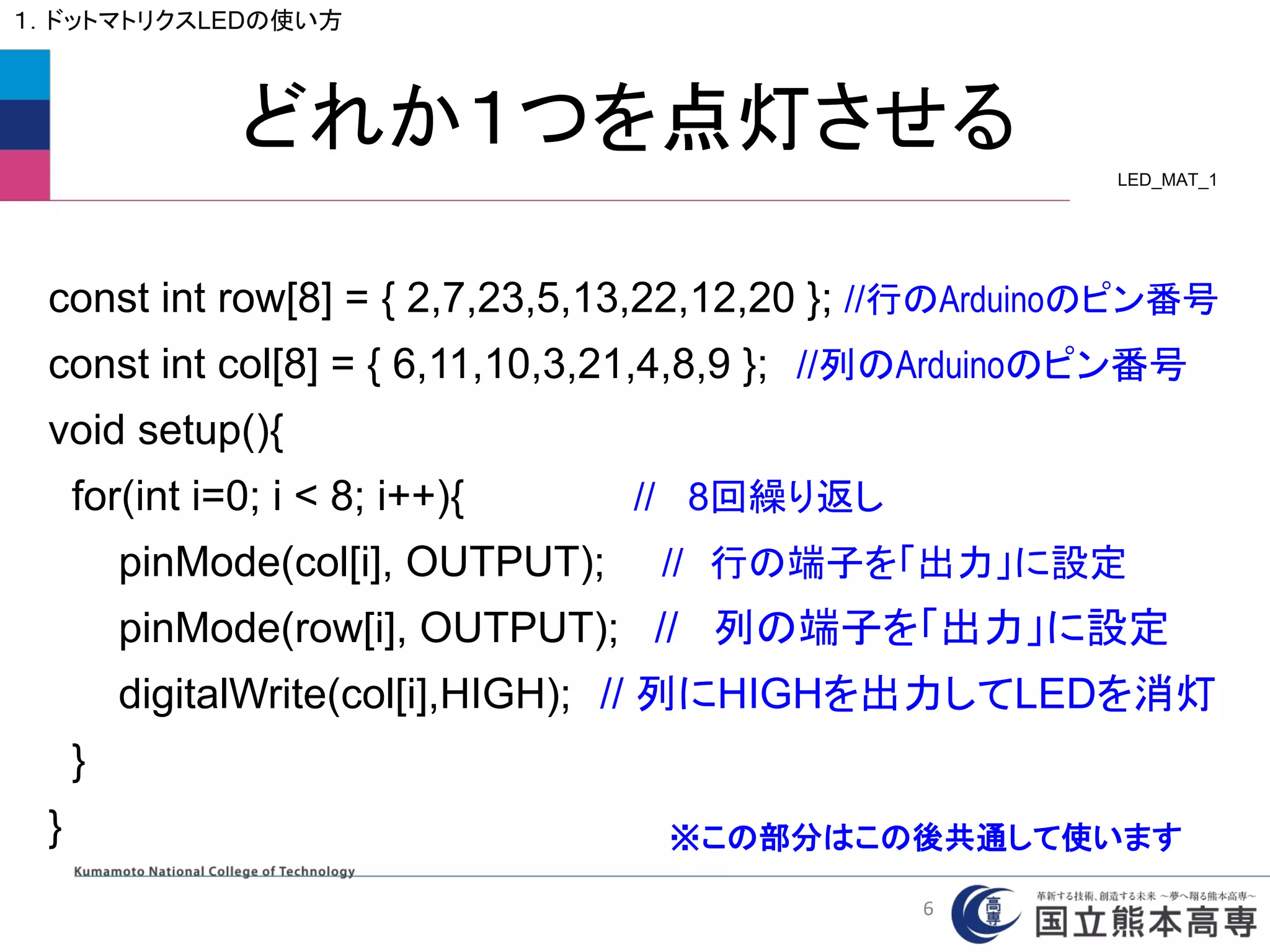 どれか１つを点灯させる
１．ドットマトリクスLEDの使い方
const int row[8] = { 2,7,23,5,13,22,12,20 }; //行のArduinoのピン番号
const int col[8] = { 6,11,10,3,21,4,8,9 }; //列のArduinoのピン番号
void setup(){
for(int i=0; i < 8; i++){ // 8回繰り返し
pinMode(col[i], OUTPUT); // 行の端子を「出力」に設定
pinMode(row[i], OUTPUT); // 列の端子を「出力」に設定
digitalWrite(col[i],HIGH); // 列にHIGHを出力してLEDを消灯
}
} ※この部分はこの後共通して使います
LED_MAT_1
6
 
