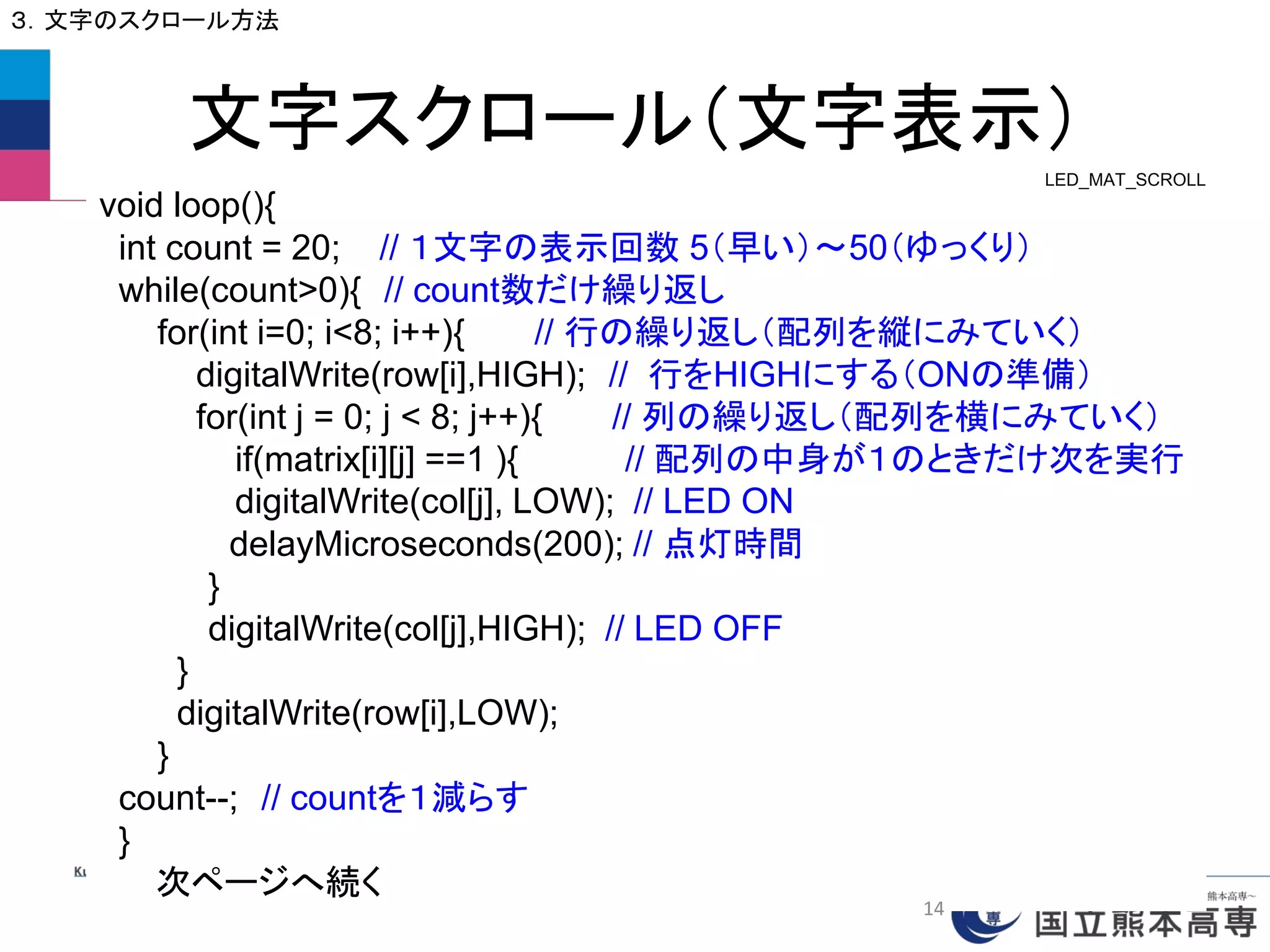 文字スクロール（文字表示）
３．文字のスクロール方法
void loop(){
int count = 20; // １文字の表示回数 5（早い）～50（ゆっくり）
while(count>0){ // count数だけ繰り返し
for(int i=0; i<8; i++){ // 行の繰り返し（配列を縦にみていく）
digitalWrite(row[i],HIGH); // 行をHIGHにする（ONの準備）
for(int j = 0; j < 8; j++){ // 列の繰り返し（配列を横にみていく）
if(matrix[i][j] ==1 ){ // 配列の中身が１のときだけ次を実行
digitalWrite(col[j], LOW); // LED ON
delayMicroseconds(200); // 点灯時間
}
digitalWrite(col[j],HIGH); // LED OFF
}
digitalWrite(row[i],LOW);
}
count--; // countを１減らす
}
次ページへ続く
LED_MAT_SCROLL
14
 