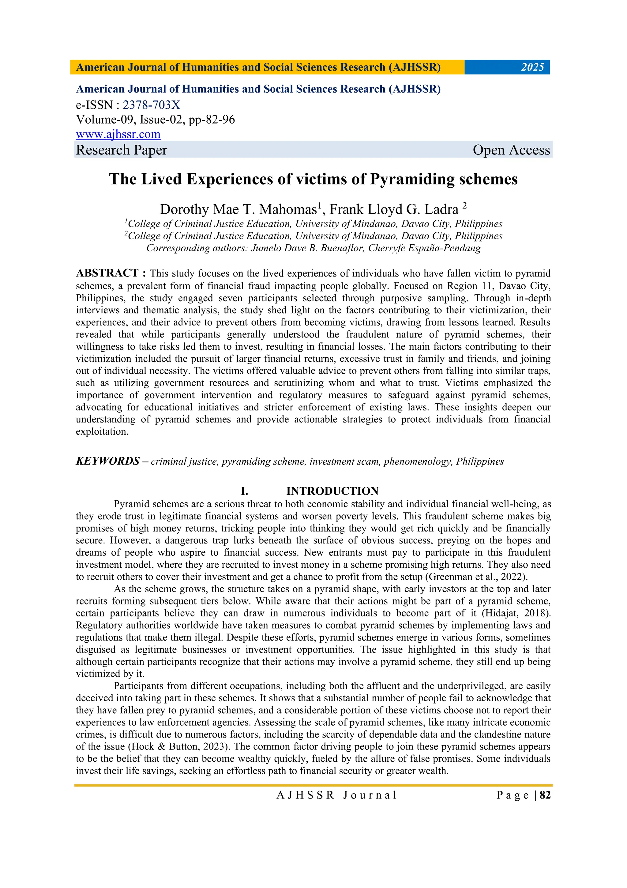 The Lived Experiences of victims of Pyramiding schemes | PDF