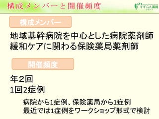 構成メンバー 
地域基幹病院を中心とした病院薬剤師 
緩和ケアに関わる保険薬局薬剤師 
開催頻度 
年２回 
1回2症例 
病院から1症例、保険薬局から1症例 
最近では1症例をワークショップ形式で検討 
 