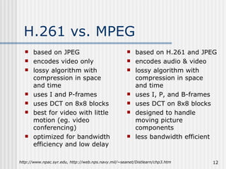 H.261 vs. MPEG based on JPEG encodes video only lossy algorithm with compression in space  and time uses I and P-frames uses DCT on 8x8 blocks best for video with little motion (eg. video conferencing) optimized for bandwidth efficiency and low delay based on H.261 and JPEG encodes audio & video lossy algorithm with compression in space  and time uses I, P, and B-frames uses DCT on 8x8 blocks designed to handle moving picture components less bandwidth efficient http://www.npac.syr.edu, http://web.nps.navy.mil/~seanet/Distlearn/chp3.htm  