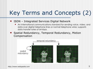 Key Terms and Concepts (2) ISDN – Integrated Services Digital Network An international communications standard for sending voice, video, and data over digital telephone lines or normal telephone wires; supports data transfer rates of 64 kbps. Spatial Redundancy, Temporal Redundancy, Motion Compensation http://www.webopedia.com 
