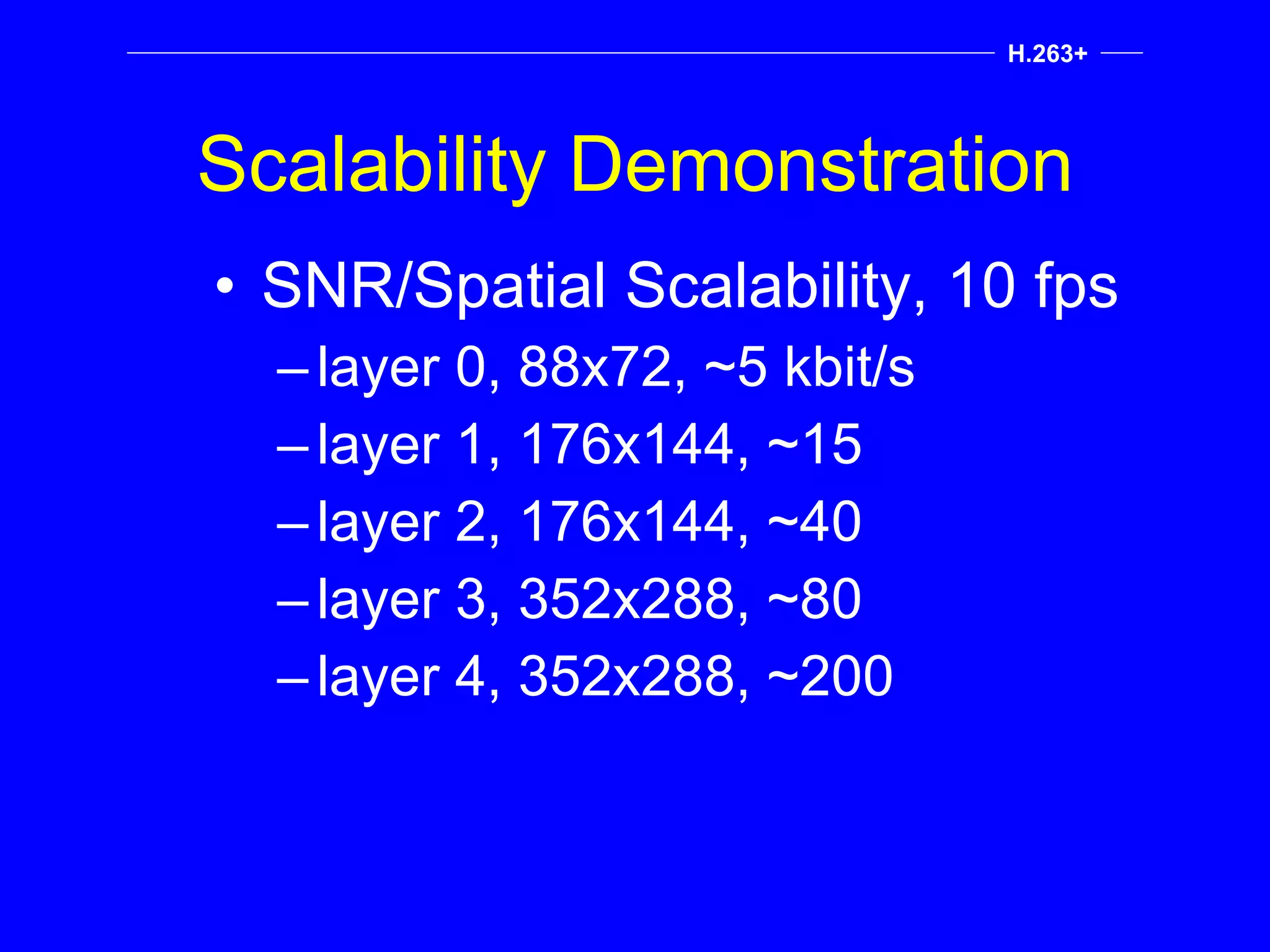 Scalability Demonstration SNR/Spatial Scalability, 10 fps layer 0, 88x72, ~5 kbit/s layer 1, 176x144, ~15 layer 2, 176x144, ~40 layer 3, 352x288, ~80 layer 4, 352x288, ~200 H.263+ 