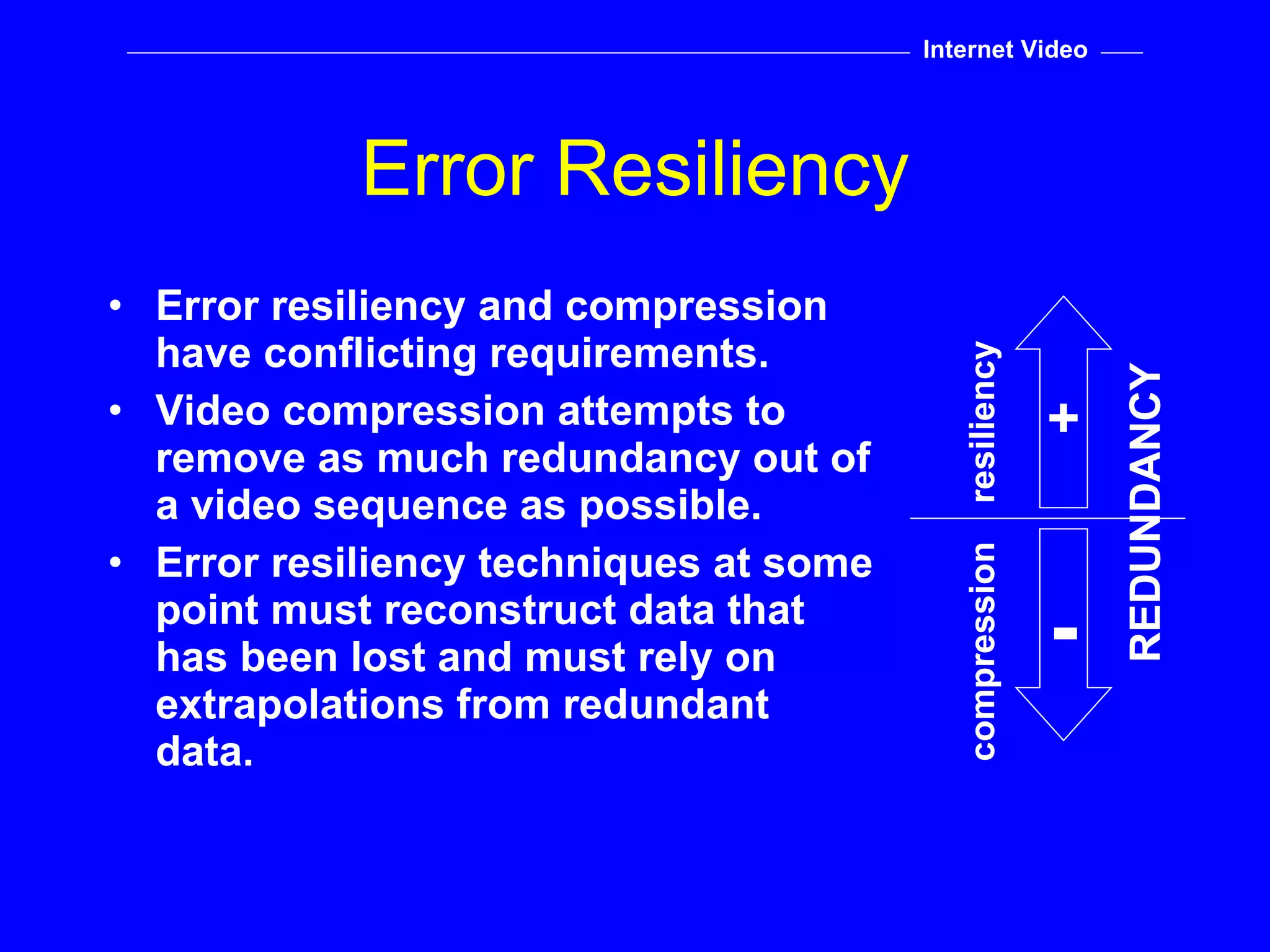 Error resiliency and compression have conflicting requirements. Video compression attempts to remove as much redundancy out of a video sequence as possible. Error resiliency techniques at some point must reconstruct data that has been lost and must rely on extrapolations from redundant data. Error Resiliency Internet Video + - REDUNDANCY compression resiliency 