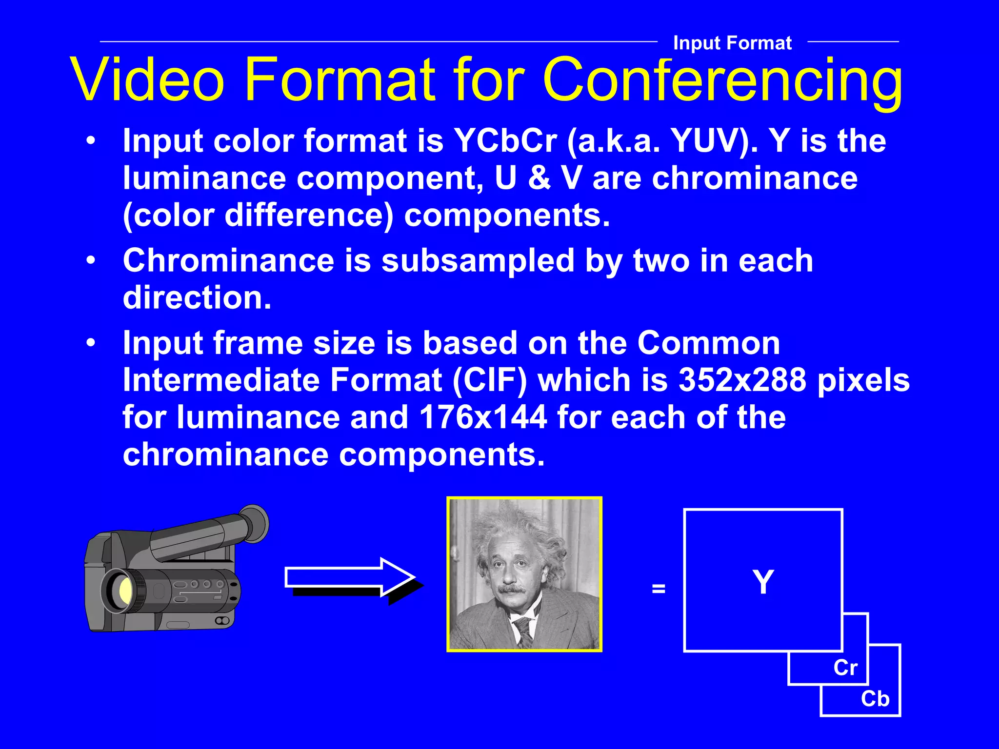 Video Format for Conferencing Input color format is YCbCr (a.k.a. YUV). Y is the luminance component, U & V are chrominance (color difference) components. Chrominance is subsampled by two in each direction. Input frame size is based on the Common Intermediate Format (CIF) which is 352x288 pixels for luminance and 176x144 for each of the chrominance components. Input Format Cb Cr Y = 