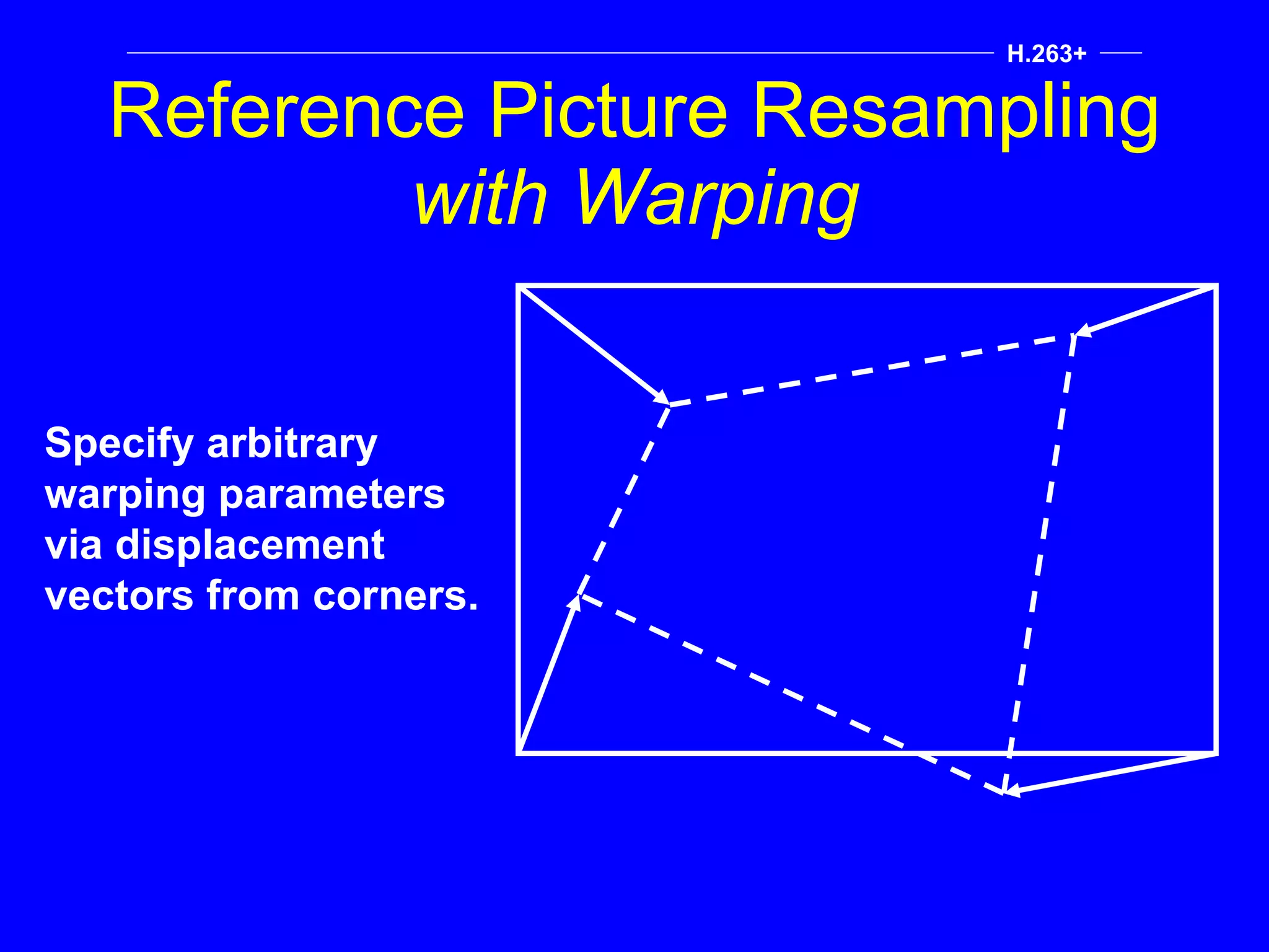 Reference Picture Resampling with Warping Specify arbitrary warping parameters via displacement vectors from corners.  H.263+ 
