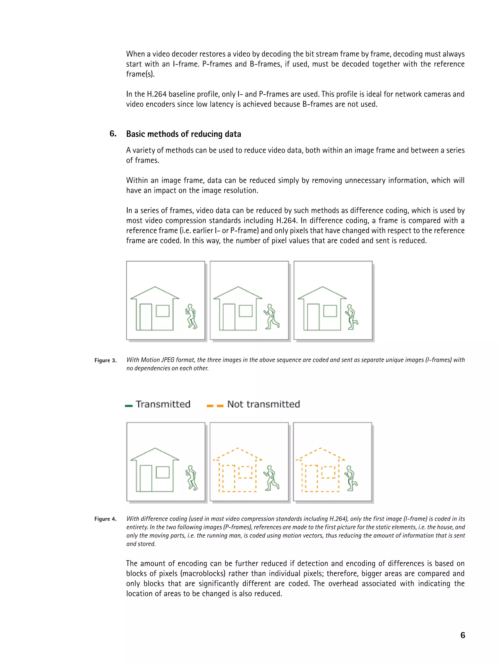 When a video decoder restores a video by decoding the bit stream frame by frame, decoding must always
            start with an I-frame. P-frames and B-frames, if used, must be decoded together with the reference
            frame(s).

            In the H.264 baseline profile, only I- and P-frames are used. This profile is ideal for network cameras and
            video encoders since low latency is achieved because B-frames are not used.


      6.    Basic methods of reducing data
            A variety of methods can be used to reduce video data, both within an image frame and between a series
            of frames.

            Within an image frame, data can be reduced simply by removing unnecessary information, which will
            have an impact on the image resolution.

            In a series of frames, video data can be reduced by such methods as difference coding, which is used by
            most video compression standards including H.264. In difference coding, a frame is compared with a
            reference frame (i.e. earlier I- or P-frame) and only pixels that have changed with respect to the reference
            frame are coded. In this way, the number of pixel values that are coded and sent is reduced.




Figure 3.   With Motion JPEG format, the three images in the above sequence are coded and sent as separate unique images (I-frames) with
            no dependencies on each other.




Figure 4.   With difference coding (used in most video compression standards including H.264), only the first image (I-frame) is coded in its
            entirety. In the two following images (P-frames), references are made to the first picture for the static elements, i.e. the house, and
            only the moving parts, i.e. the running man, is coded using motion vectors, thus reducing the amount of information that is sent
            and stored.


            The amount of encoding can be further reduced if detection and encoding of differences is based on
            blocks of pixels (macroblocks) rather than individual pixels; therefore, bigger areas are compared and
            only blocks that are significantly different are coded. The overhead associated with indicating the
            location of areas to be changed is also reduced.




                                                                                                                                                 6
 