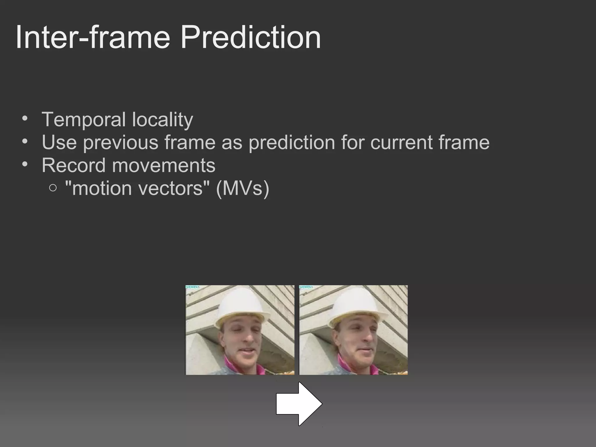Inter-frame Prediction

• Temporal locality
• Use previous frame as prediction for current frame
• Record movements
   o "motion vectors" (MVs)
 