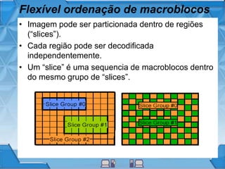 Flexível ordenação de macroblocos
• Imagem pode ser particionada dentro de regiões
(“slices”).
• Cada região pode ser decodificada
independentemente.
• Um “slice” é uma sequencia de macroblocos dentro
do mesmo grupo de “slices”.
 