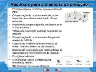 Recursos para a melhoria da predição
• Predição espacial direcional para a codificação
intra.
• Compensação de movimento de blocos de
tamanho variável com tamanho de blocos
pequeno.
• Precisão de compensação de movimento com
¼ das amostras.
• Vetores de movimento ao longo dos limites da
imagem.
• Compensação de movimento em imagem de
referência múltipla
• Dissociação de referenciar o formulário de
ordem relativo a ordem de visualização.
• Dissociação dos métodos de representação da
capacidade de referenciamento da imagem.
• Predição ponderada.
• Melhoria dos “saltos” e inferência no
movimento “direto”.
• “De-blocking”: circuito de filtragem.
 