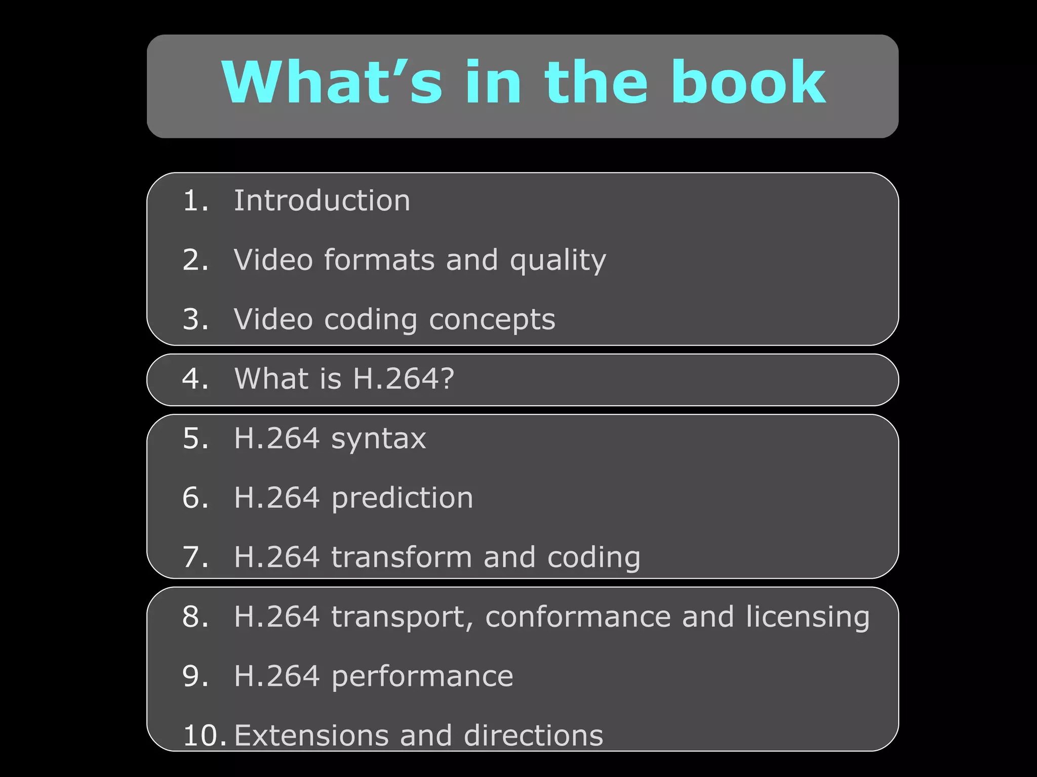 Introduction Video formats and quality Video coding concepts What is H.264? H.264 syntax H.264 prediction H.264 transform and coding H.264 transport, conformance and licensing H.264 performance Extensions and directions What’s in the book 