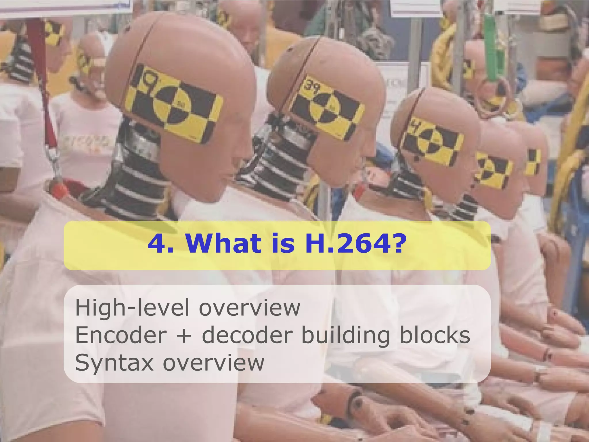 4. What is H.264? High-level overview Encoder + decoder building blocks Syntax overview 