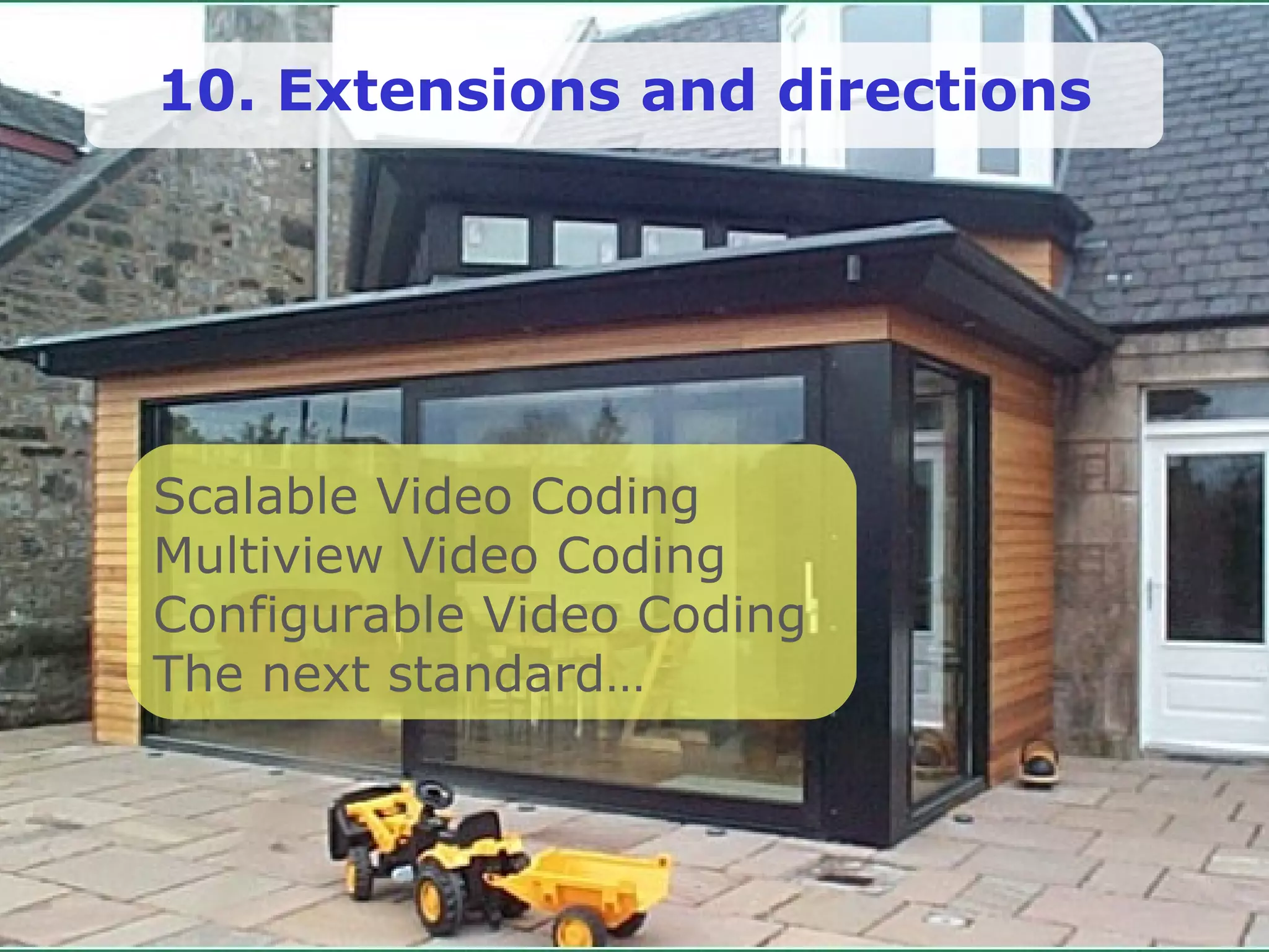 10. Extensions and directions Scalable Video Coding Multiview Video Coding Configurable Video Coding The next standard… 