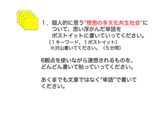 １．個人的に思う 理想の多文化共生社会 に
  ついて、思い浮かんだ単語を
  ポストイットに書いていってください。
 （１キーワード、１ポストイット）
  ※沢山書いてください。（５分間）
6観点を使いながら連想されるものを、
どんどん書いて貼っていってください。
あくまでも文章ではなく 単語 で書いて
ください。
 