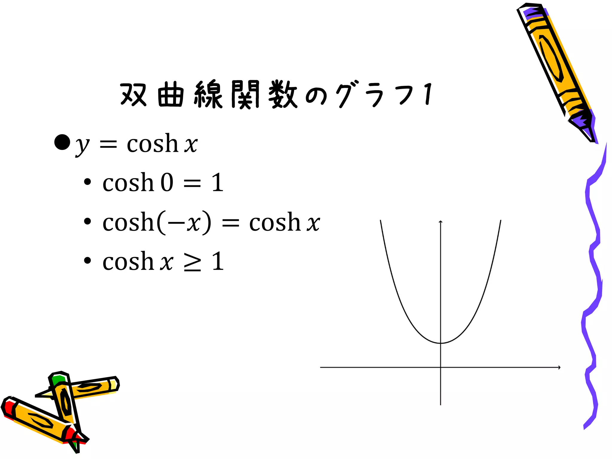 双曲線関数のグラフ1
𝑦 = cosh 𝑥
• cosh 0 = 1
• cosh −𝑥 = cosh 𝑥
• cosh 𝑥 ≥ 1
 
