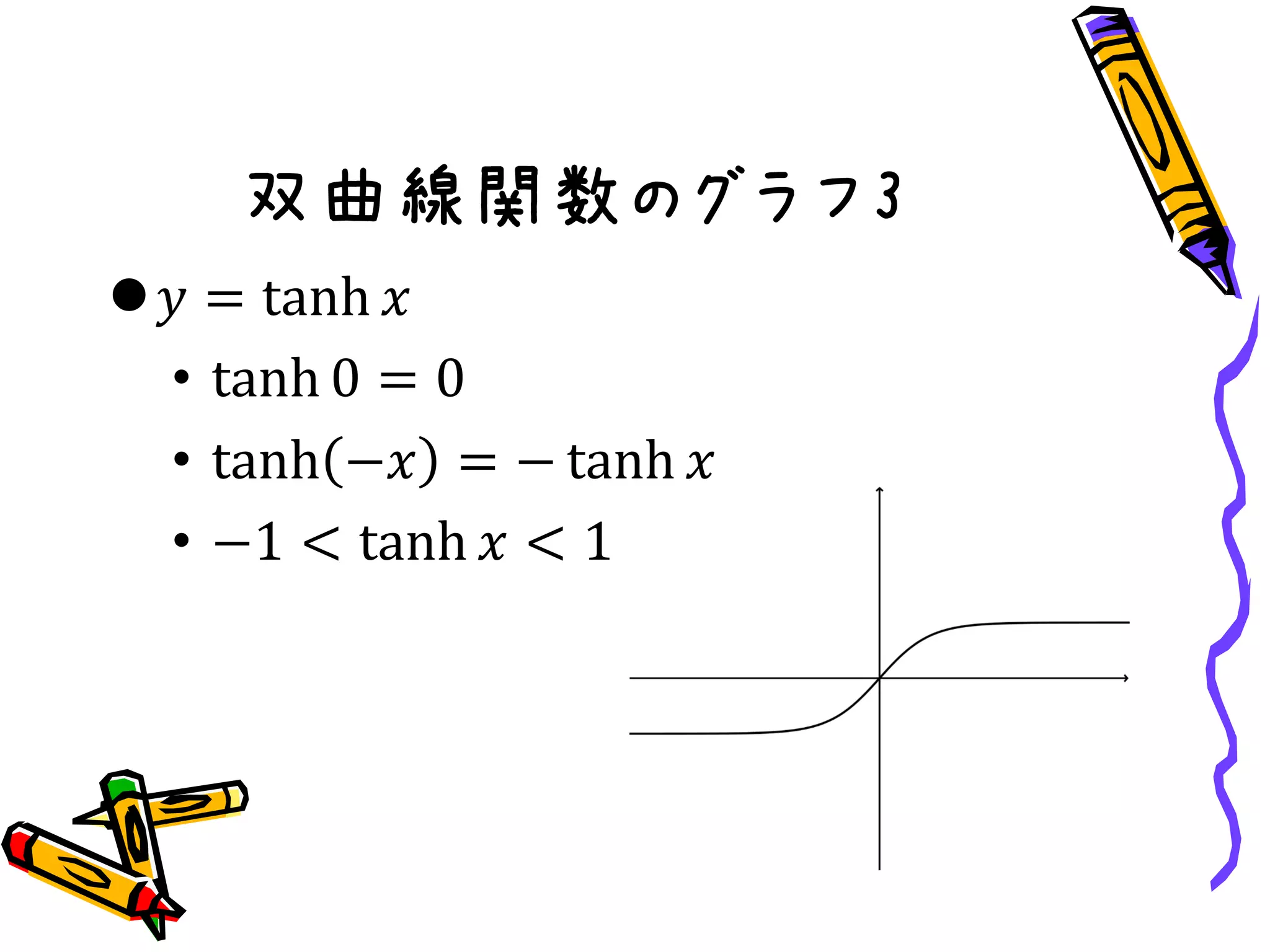 双曲線関数のグラフ3
𝑦 = tanh 𝑥
• tanh 0 = 0
• tanh −𝑥 = − tanh 𝑥
• −1 < tanh 𝑥 < 1
 
