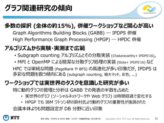 新井 淳也, “IPDPS & HPDC 報告,” ビッグデータ基盤研究会, 2016年7月. Copyright© 2016 NTT Corp. All Rights Reserved. 20
グラフ関連研究の傾向
多数の採択 (全体の約15%), 併催ワークショップなど関心が高い
Graph Algorithms Building Blocks (GABB) ― IPDPS 併催
High Performance Graph Processing (HPGP) ― HPDC 併催
アルゴリズムから実験・実測まで広範
• Subgraph counting アルゴリズムとその分散実装 [Chakaravarthy+ IPDPS’16],
• MPI と OpenMP による簡潔な分散グラフ処理の実装 [Slota+ IPDPS’16] など
HPC では単純な問題 (PageRank や BFS) の高速化が多い印象だが, IPDPS は
多彩な問題を扱う傾向にある (subgraph counting, 極大マッチ, 彩色, ...)
ワークショップでは実世界のタスクを意識した研究が多い
特に動的グラフの管理と分析は GABB での発表の半数を占めた
• 実世界のグラフ (ソーシャルネットワークや Web グラフ) は時間経過で変化する
• HPGP でも IBM ワトソン研の鈴村氏より動的グラフの重要性が強調された
会議本体よりも問題設定が DB 分野に近い印象
 