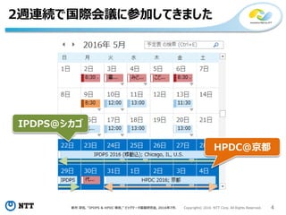 新井 淳也, “IPDPS & HPDC 報告,” ビッグデータ基盤研究会, 2016年7月. Copyright© 2016 NTT Corp. All Rights Reserved. 4
2週連続で国際会議に参加してきました
IPDPS@シカゴ
HPDC@京都
 