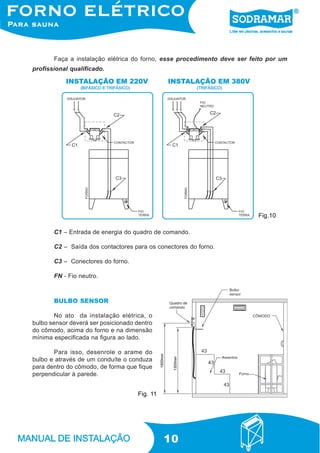 10
Faça a instalação elétrica do forno, esse procedimento deve ser feito por um
profissional qualificado.
C1 – Entrada de energia do quadro de comando.
C2 – Saída dos contactores para os conectores do forno.
C3 – Conectores do forno.
FN - Fio neutro.
BULBO SENSOR
No ato da instalação elétrica, o
bulbo sensor deverá ser posicionado dentro
do cômodo, acima do forno e na dimensão
mínima especificada na figura ao lado.
Para isso, desenrole o arame do
bulbo e através de um conduíte o conduza
para dentro do cômodo, de forma que fique
perpendicular à parede.
Fig.10
Fig. 11
 