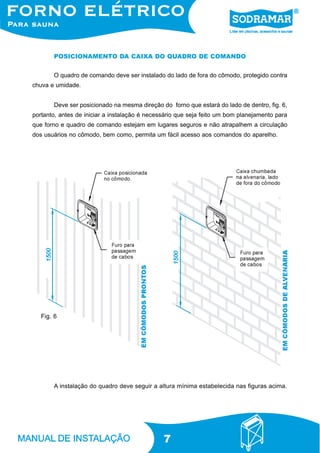 7
POSICIONAMENTO DA CAIXA DO QUADRO DE COMANDO
O quadro de comando deve ser instalado do lado de fora do cômodo, protegido contra
chuva e umidade.
Deve ser posicionado na mesma direção do forno que estará do lado de dentro, fig. 6,
portanto, antes de iniciar a instalação é necessário que seja feito um bom planejamento para
que forno e quadro de comando estejam em lugares seguros e não atrapalhem a circulação
dos usuários no cômodo, bem como, permita um fácil acesso aos comandos do aparelho.
A instalação do quadro deve seguir a altura mínima estabelecida nas figuras acima.
Fig. 6
 