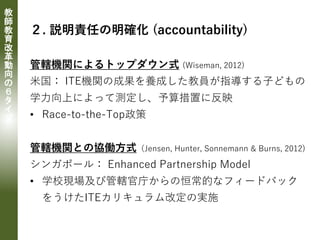 教
師
教
育
改
革
動
向
の
６
タ
イ
プ
２. 説明責任の明確化 (accountability)
管轄機関によるトップダウン式 (Wiseman, 2012)
米国： ITE機関の成果を養成した教員が指導する子どもの
学力向上によって測定し、予算措置に反映
• Race-to-the-Top政策
管轄機関との協働方式（Jensen, Hunter, Sonnemann & Burns, 2012)
シンガポール： Enhanced Partnership Model
• 学校現場及び管轄官庁からの恒常的なフィードバック
をうけたITEカリキュラム改定の実施
 