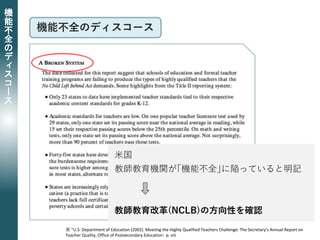 ※ "U.S. Department of Education (2002). Meeting the Highly Qualified Teachers Challenge: The Secretary's Annual Report on
Teacher Quality, Office of Postsecondary Education: p. viii
機
能
不
全
の
デ
ィ
ス
コ
ー
ス
機能不全のディスコース
米国
教師教育機関が｢機能不全｣に陥っていると明記
教師教育改革(NCLB)の方向性を確認
 
