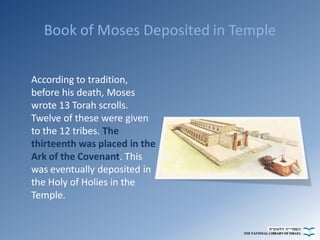 Book of Moses Deposited in Temple
According to tradition,
before his death, Moses
wrote 13 Torah scrolls.
Twelve of these ...