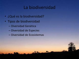 La biodiversidad
• ¿Qué es la biodiversidad?
• Tipos de biodiversidad
– Diversidad Genética
– Diversidad de Especies
– Diversidad de Ecosistemas
 